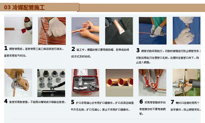 中央空调安装施工标准 1. 现场放线:现场放线时根据设计草图进行现场设备(外机、内机、温控器、分歧管等)定位,并确定信号线及冷媒管道的走向及确定内机的出回风及检修口,并在图纸上标注; 2. 协调装潢公司:施工前协调装潢公司配合工作; 3. 空调的内机、外机电源由装潢公司布置到指定位置; 4.